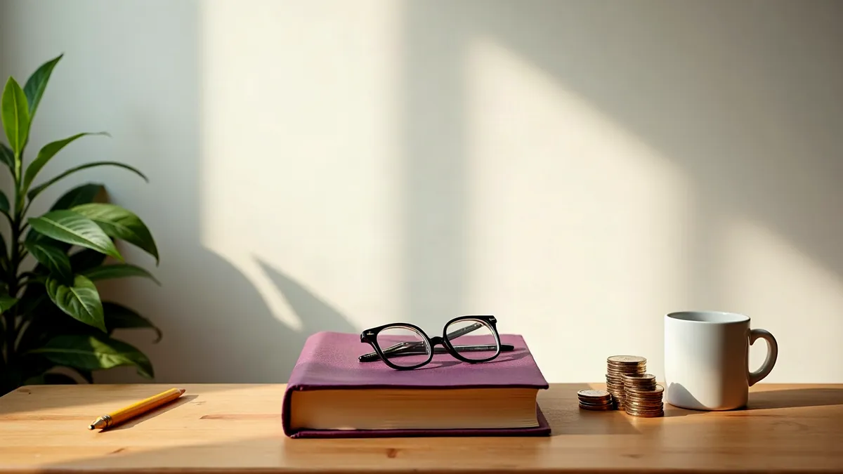 Schreibtisch mit geschlossenem Kontenbuch, Lesebrille, Münzstapeln und Tasse