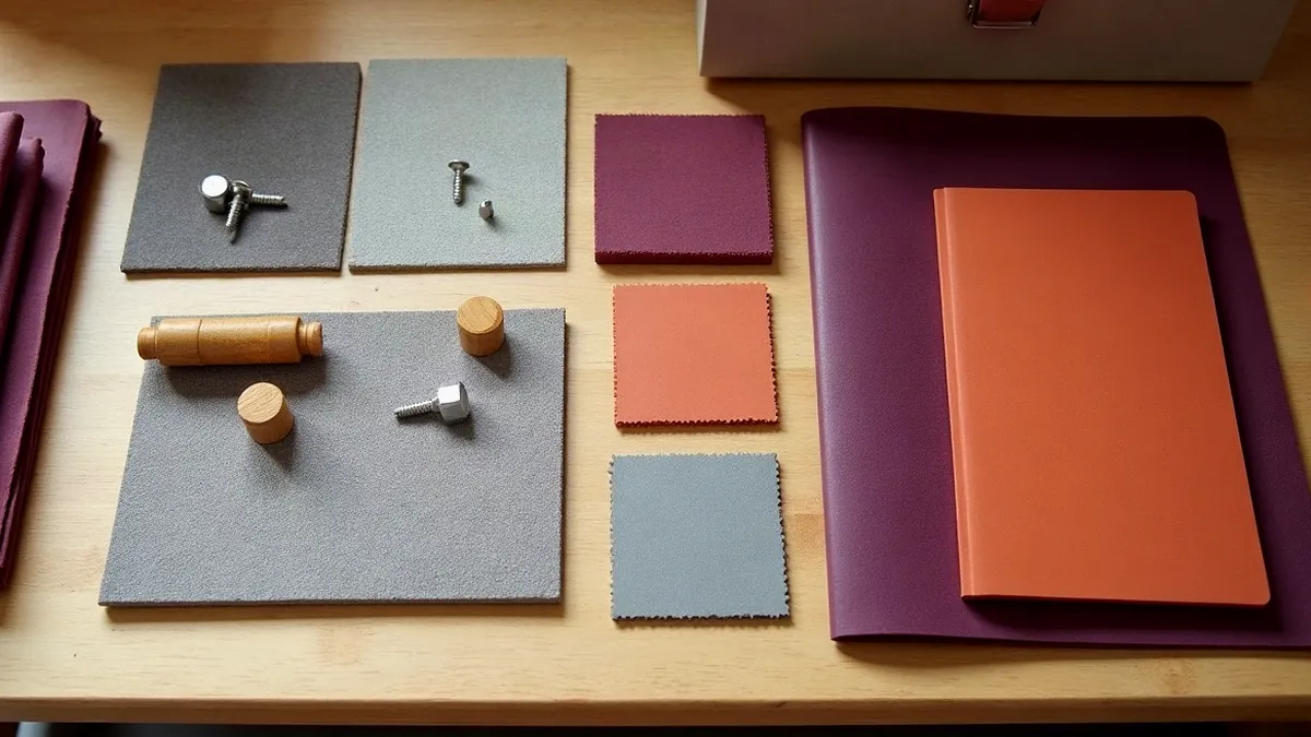 Materialmuster aus Holz, Metall und Stoff, ordentlich auf einem Schreibtisch ausgelegt